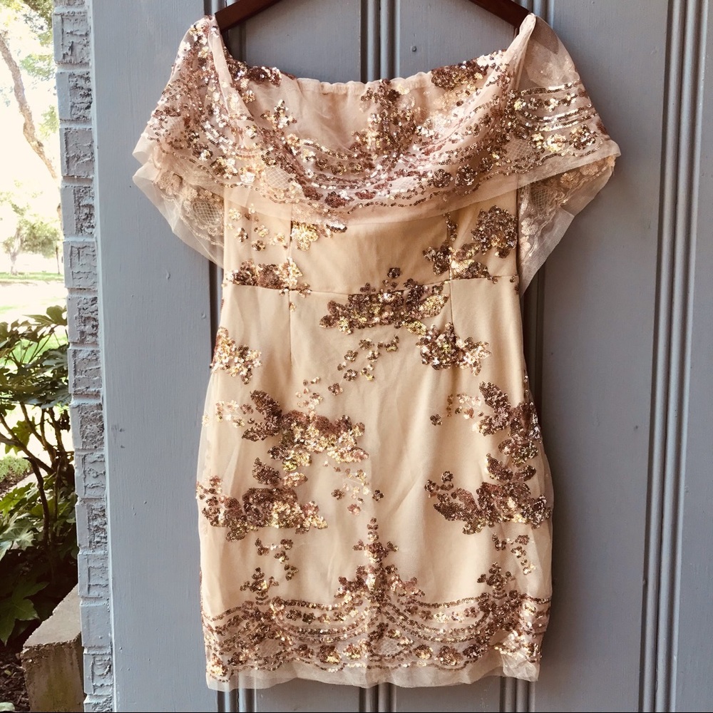 NWT Hazardous Love rose gold off shoulder sequin dress